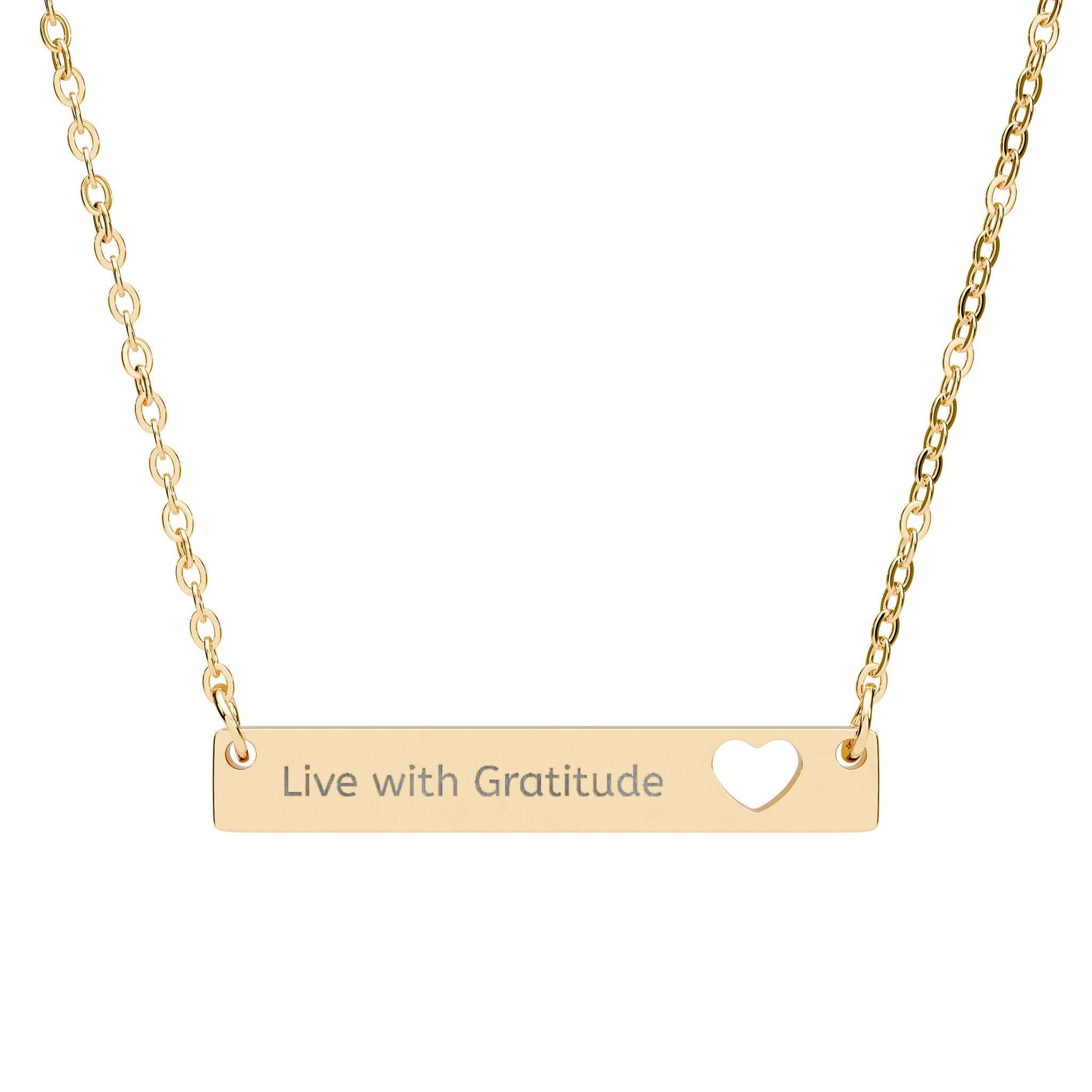 Engravable Cutout Heart Bar Necklace – Personalized 'Live with Gratitude' Pendant