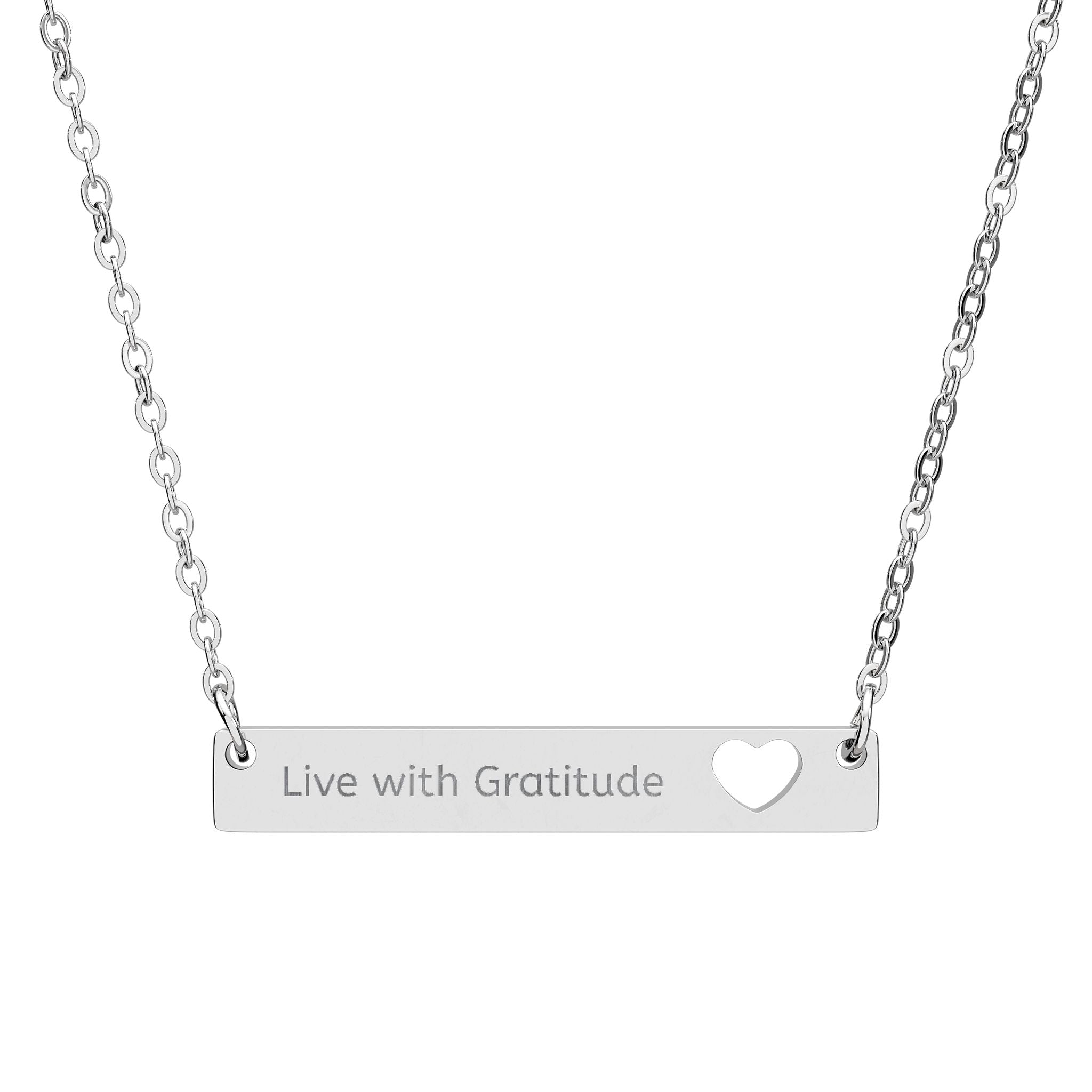 Engravable Cutout Heart Bar Necklace – Personalized 'Live with Gratitude' Pendant